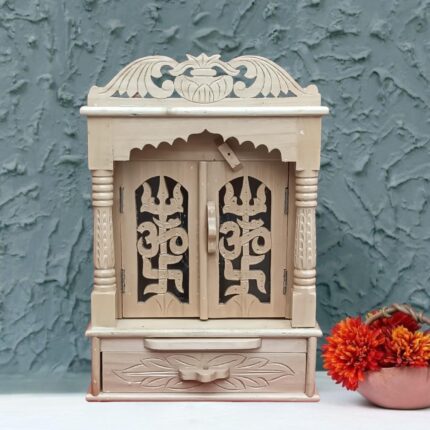 Wooden Pooja Mandir for Home, with Door, Diya Tray and Storage Drawer, 30x18x46 cm