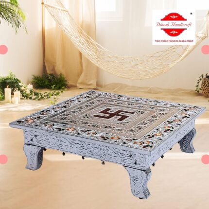 Wooden Pooja Chowki 16 Inch | Hand-Carved Bajot with Original Meenakari (Mina) Work & Swastik Design | Mandir Chowki for Home Temple, Festivals & Rituals
