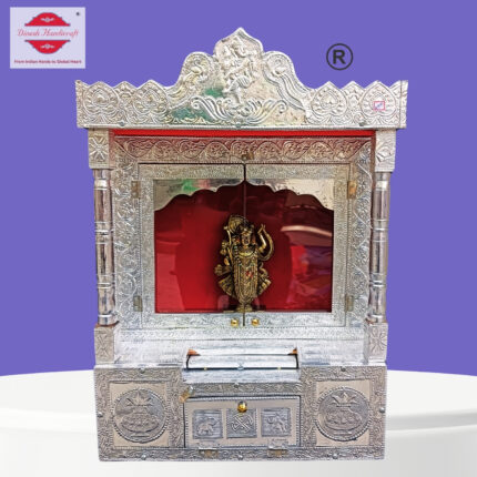 Aluminum Metal Coated Wooden Temple for Home | 15 Inch Pooja Mandir with Storage & Doors | Handcrafted Designer Mandir with Red Velvet Back Panel | 1 Year Warranty