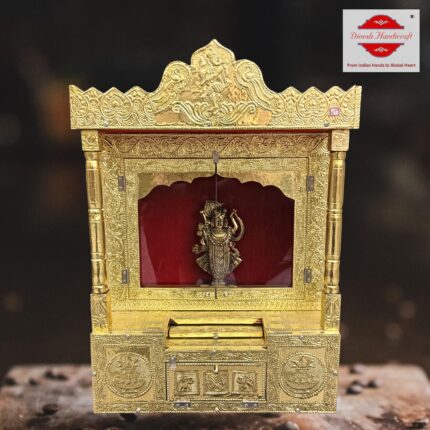 15 Inch Golden Meatl Coated Wooden Temple for Home | Laminated Finish Pooja Mandir with Doors, Storage & Premium Carving | Long-Lasting Shine