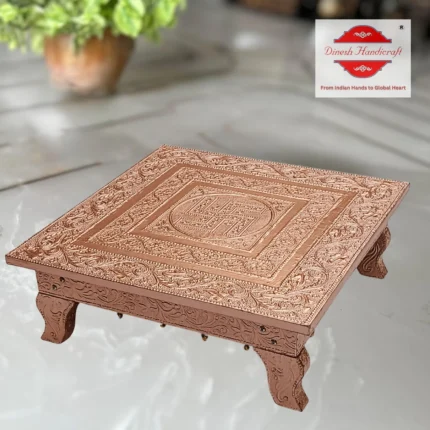 Copper Metal Coated Wooden Chowki with Swastik Design, and Lamination