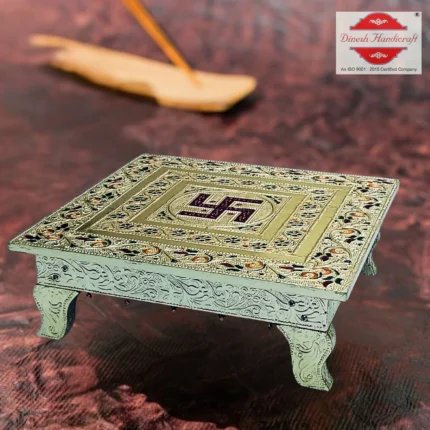 German Silver Metal Coated Wooden Pooja Chowki with Swastik Design, Mina Work, and Lamination