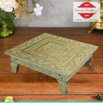 German Silver Metal Coated Wooden Chowki For Pooja with Swastik Design and Lamination