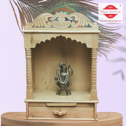 Wooden Wall Mounted Pooja Temple with Drawer & Diya Tray | Handcrafted Mandir for Home Decor | Carved Design | Puja Ghar (15 Inch)