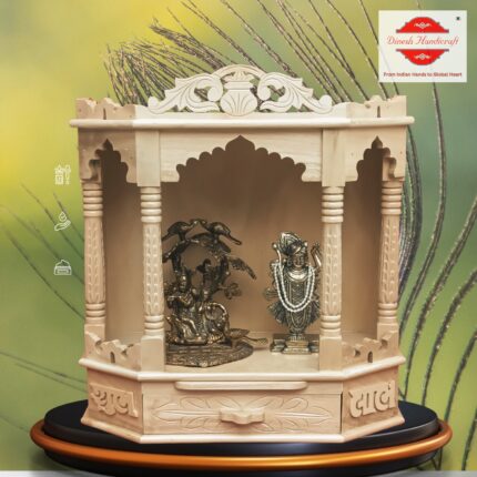 Sevan Wood Pooja Mandir for Home and Office - Handcrafted Hindu Temple with Storage Drawer and Pull-Out Tray - Wall Hanging or Tabletop Puja Mandap -18